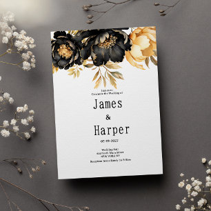 Luxury black ivory gold peony floral Wedding  Invitation