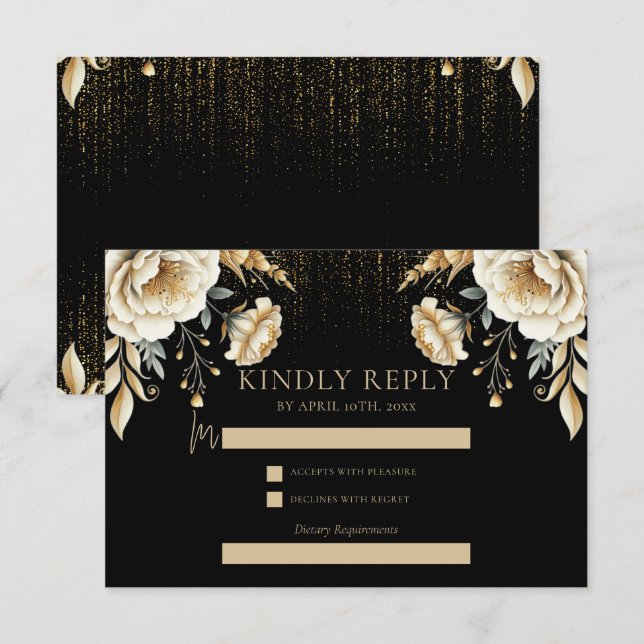Luxury Black Ivory & Gold Quinceañera Rsvp Enclosure Card (Front/Back)