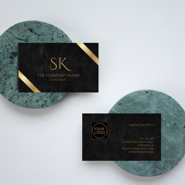 Luxury Black Leather and Gold Company Logo Business Card (Creator Uploaded)