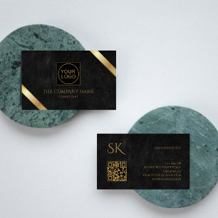 Luxury Black Leather and Gold QR Code Logo Business Card