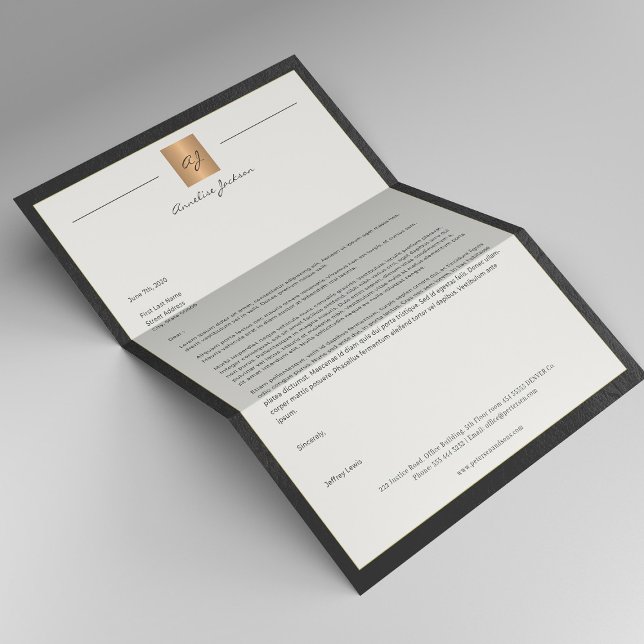 Luxury black leather frame gold monogram business custom letterhead (Creator Uploaded)