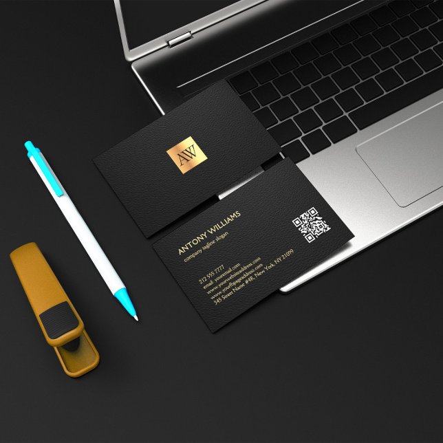  Luxury  Black Leather with Gold Monogram Business Card (Creator Uploaded)