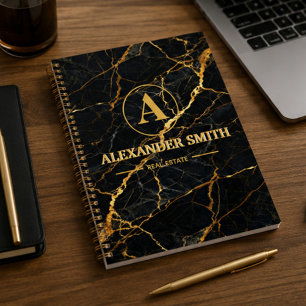 Luxury Black Marble Gold Monogram Business Brand Notebook