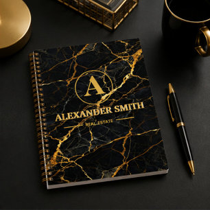 Luxury Black Marble Gold Monogram Business Brand Planner