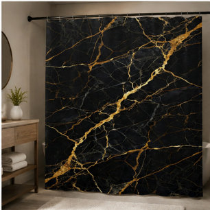 Luxury Black Marble Gold Monogram Business Brand Shower Curtain