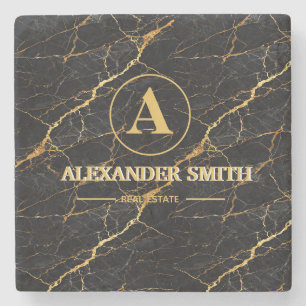 Luxury Black Marble Gold Monogram Business Brand Stone Coaster
