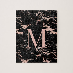 Luxury Black Marble Rose Gold Foil Monogram Jigsaw Puzzle