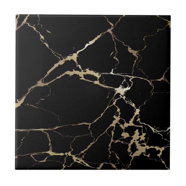 Luxury Black Marble with Heavy Golden Kintsugi Cra Ceramic Tile (Front)