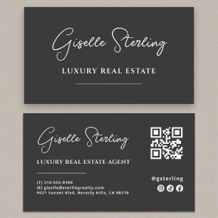 Luxury Black Minimalist Script QR Code Business Card