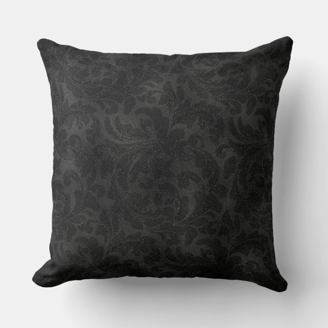 Luxury Black monochromatic Floral Damask Pattern Cushion (Front)