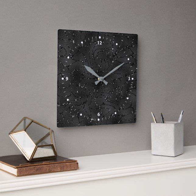 Luxury black monochromatic glittery background square wall clock (Office)