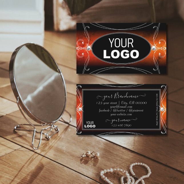 Luxury Black Orange Ornate Sparkle Jewels Add Logo Business Card (Creator Uploaded)