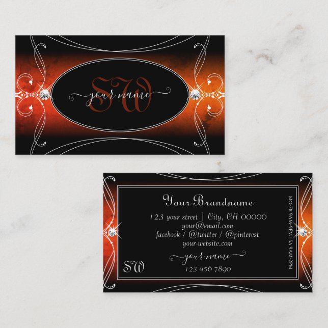 Luxury Black Orange Ornate Sparkle Jewels Monogram Business Card (Front/Back)