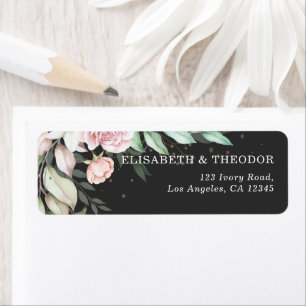 Luxury Black & Pink Floral Wedding Return Address Label