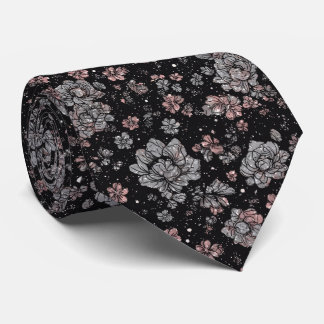 Luxury Black Pink Vintage Metallic Silver Florals Tie