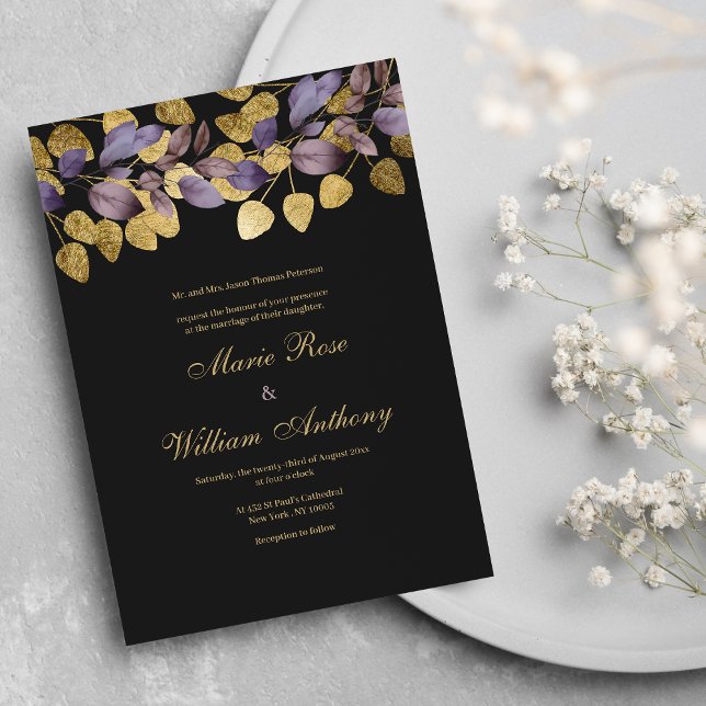Luxury black purple brown gold foliage Wedding Invitation (Luxury black purple brown gold foliage Wedding )