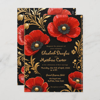Luxury Black Red and Gold Floral Wedding  Holiday Postcard