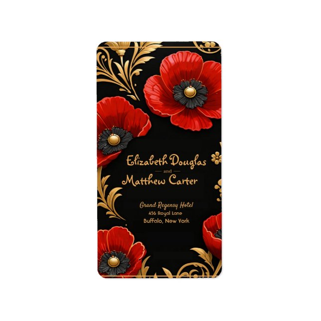 Luxury Black Red and Gold Floral Wedding  Label (Front)