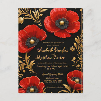 Luxury Black Red and Gold Floral Wedding  Postcard