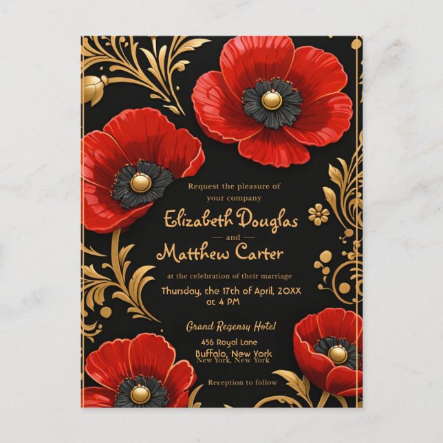 Luxury Black Red and Gold Floral Wedding  Postcard (Front)