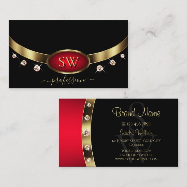 Luxury Black Red Gold with Initals and Diamonds Business Card (Front/Back)