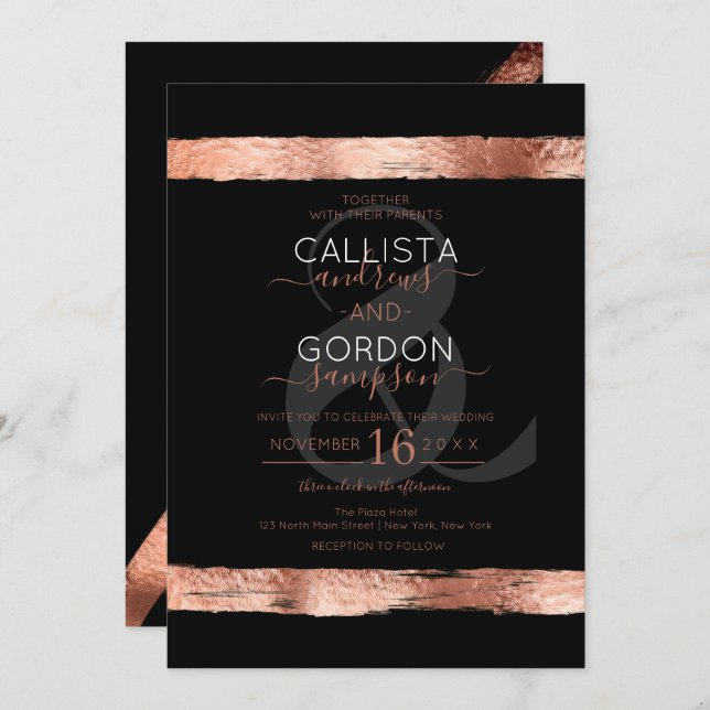 Luxury Black Rose Gold Brushstroke Border Wedding Invitation (Front/Back)