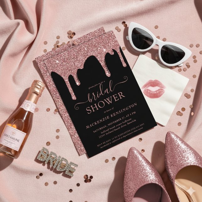 Luxury Black Rose Gold Glitter Drips Bridal Shower Invitation (Luxury Black Rose Gold Glitter Drips Bridal Shower Invitation)