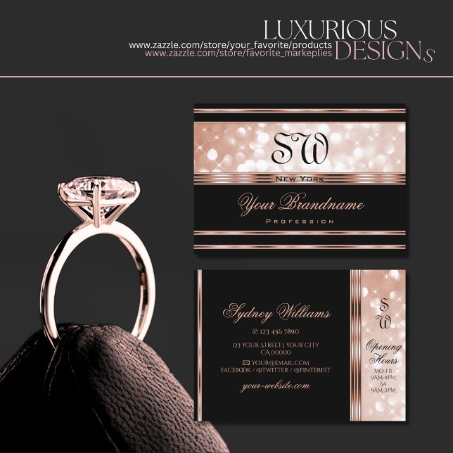 Luxury Black Rose Gold Luminous Glitter Monogram Business Card (Creator Uploaded)