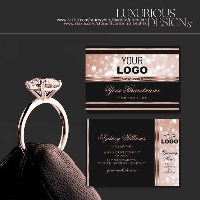 Luxury Black Rose Gold Luminous Glitter Stars Logo Business Card (Creator Uploaded)