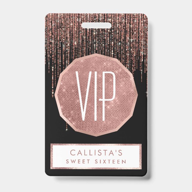 Luxury Black Rose Gold Sparkly Glitter Fringe ID Badge (Front)