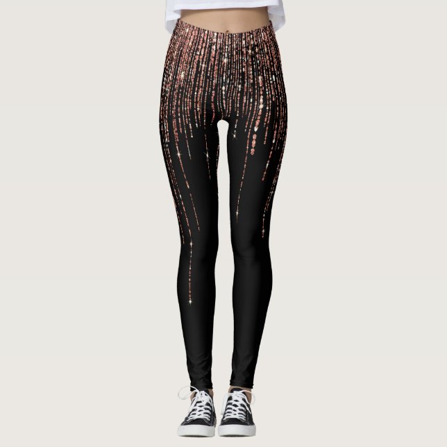 Luxury Black Rose Gold Sparkly Glitter Fringe Leggings (Front)