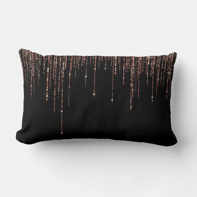 Luxury Black Rose Gold Sparkly Glitter Fringe Lumbar Cushion (Front)