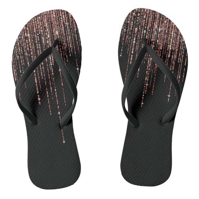 Luxury Black Rose Gold Sparkly Glitter Fringe Thongs (Footbed)
