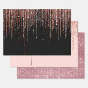 Luxury Black Rose Gold Sparkly Glitter Fringe Wrapping Paper Sheet