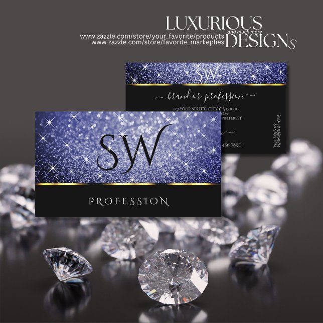 Luxury Black Shimmery Royal Blue Glitters Initials Business Card (Creator Uploaded)