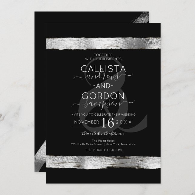 Luxury Black Silver Brushstroke Border Wedding Invitation (Front/Back)