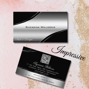 Luxury Black Silver Curved Decor Lines and QR Code Business Card