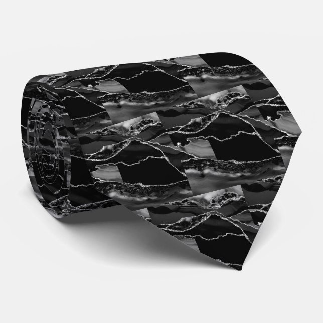 Luxury Black Silver Faux Glitter Faux Silk Tie (Rolled)