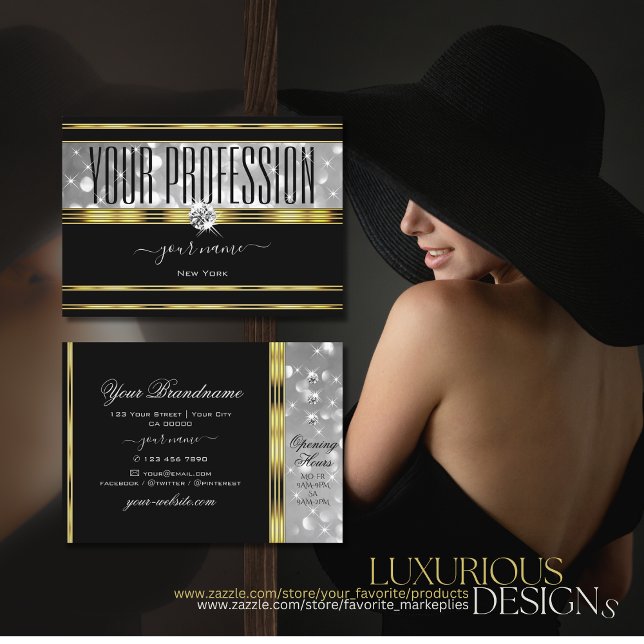 Luxury Black Silver Glitter Diamonds Gold Border Business Card (Creator Uploaded)