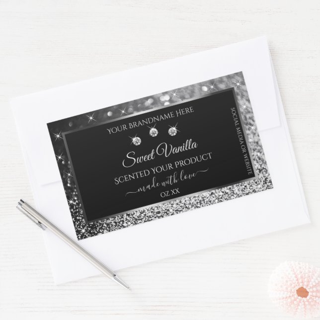 Luxury Black Silver Glitter Diamonds Product Label (Envelope)