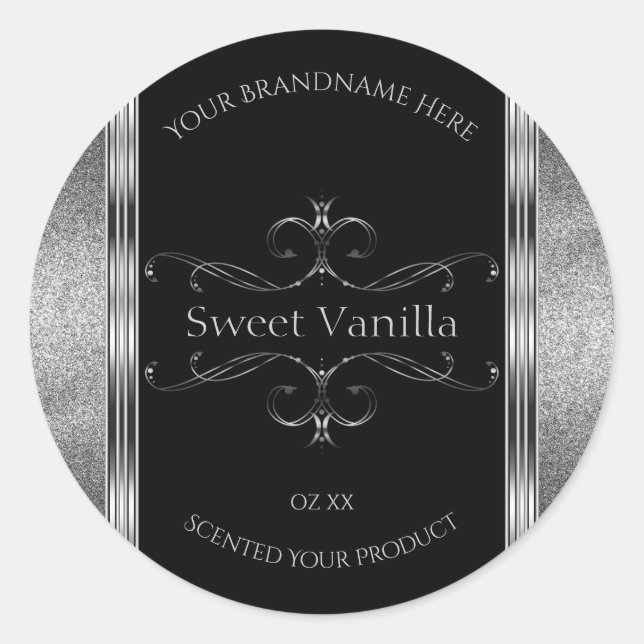 Luxury Black Silver Glitter Ornate Product Labels (Front)