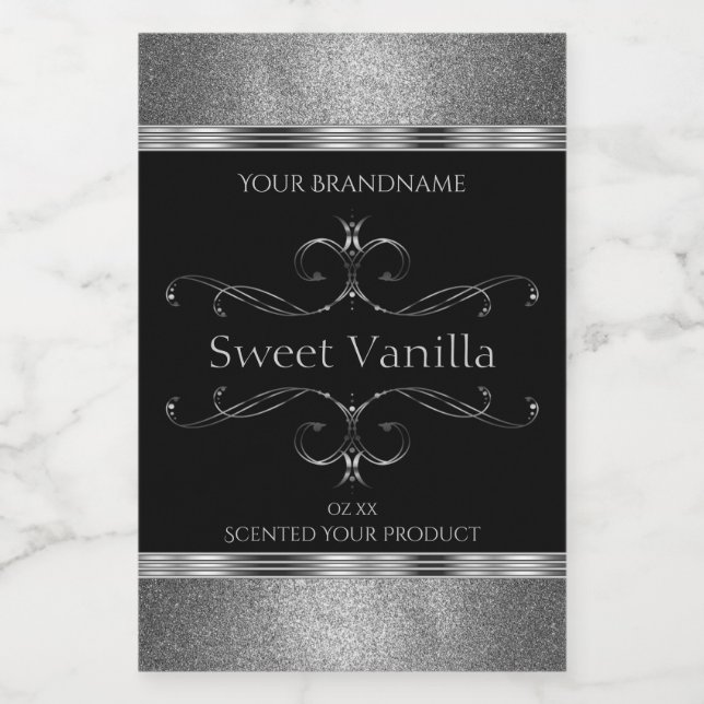 Luxury Black Silver Glitter Ornate Product Labels (Single Label)