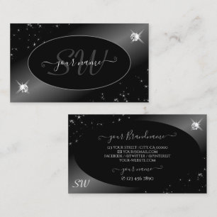 Luxury Black Silver Glitter Stars Jewels Initials Business Card