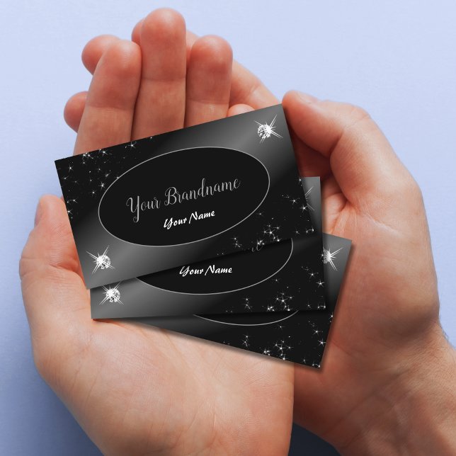 Luxury Black Silver Glitter Stars Jewels Stylish Business Card (Creator Uploaded)