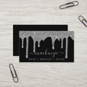 Luxury Black Silver Sparkle Glitter Drips Business Card
