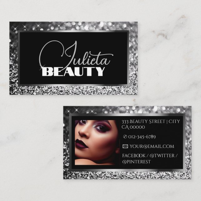 Luxury Black Sparkle Silver Glitter with Photo Business Card (Front/Back)