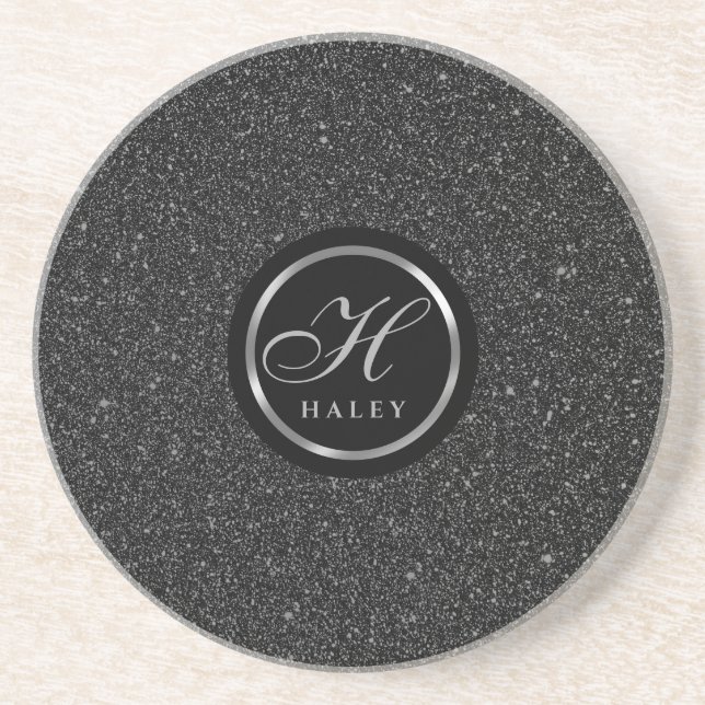 Luxury Black Sparkles Glitter Monogrammed Initial Coaster (Front)