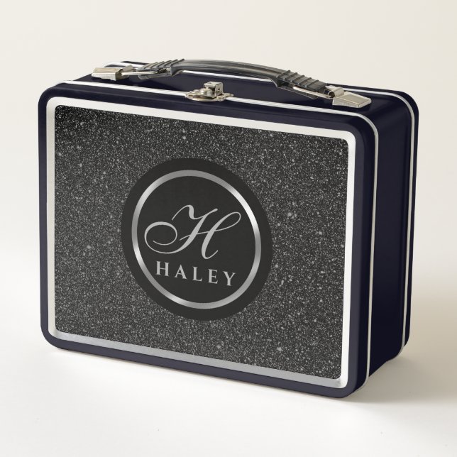 Luxury Black Sparkles Glitter Monogrammed Initial Metal Lunch Box (Front)