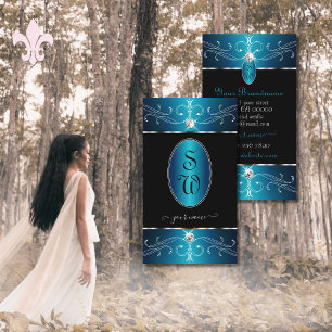 Luxury Black Teal Blue Ornate Ornaments Initials Business Card