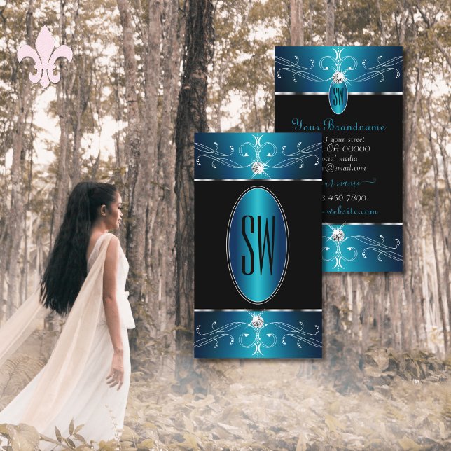 Luxury Black Teal Blue Ornate Ornaments Monogram Business Card (Creator Uploaded)